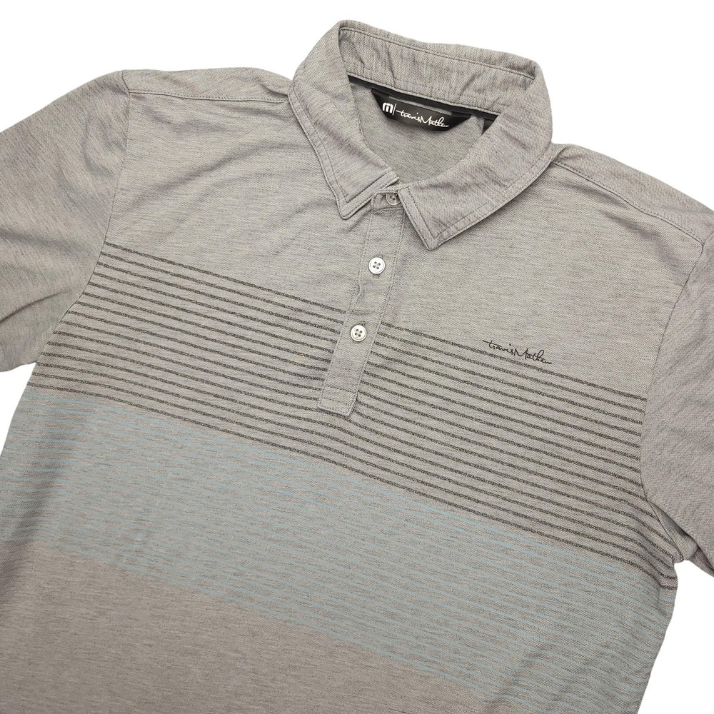 TravisMathew Polo Shirt Mens M Gray Stripe Golf Performance Stretch Logo Top